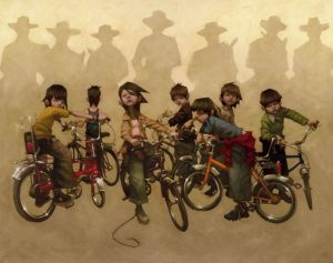 Gang of kids on bikes with cowboy shadows